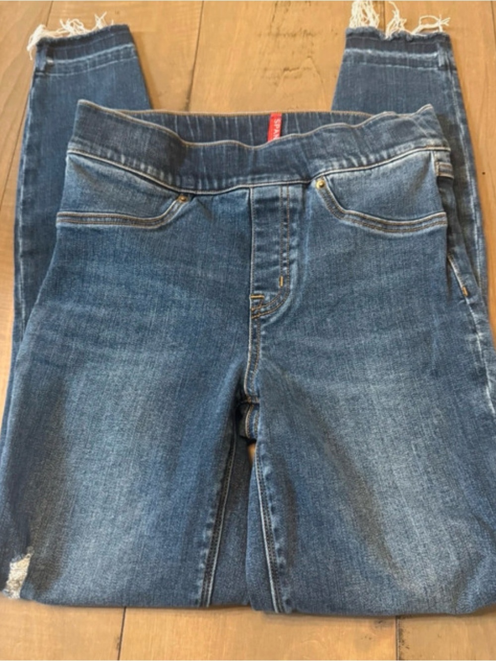 SPANX Skinny Jeans in Medium Blue Denim with Raw Hem